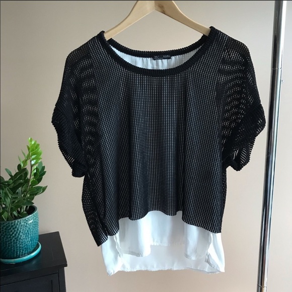 Zara Meshy Black and White Box Sleeve Blouse - Picture 3 of 8